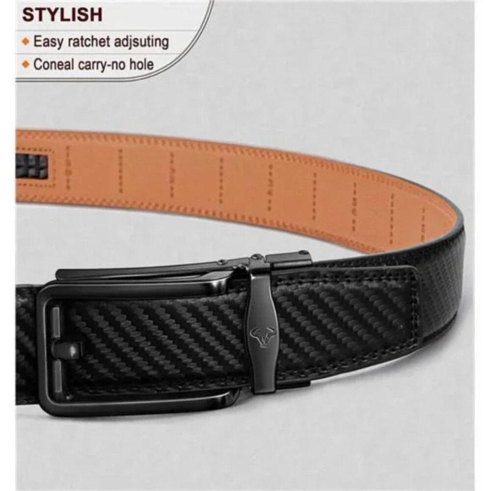 MEN Belt, Ratchet Click Sliding Genuine Leather Black - Picture 2 of 7